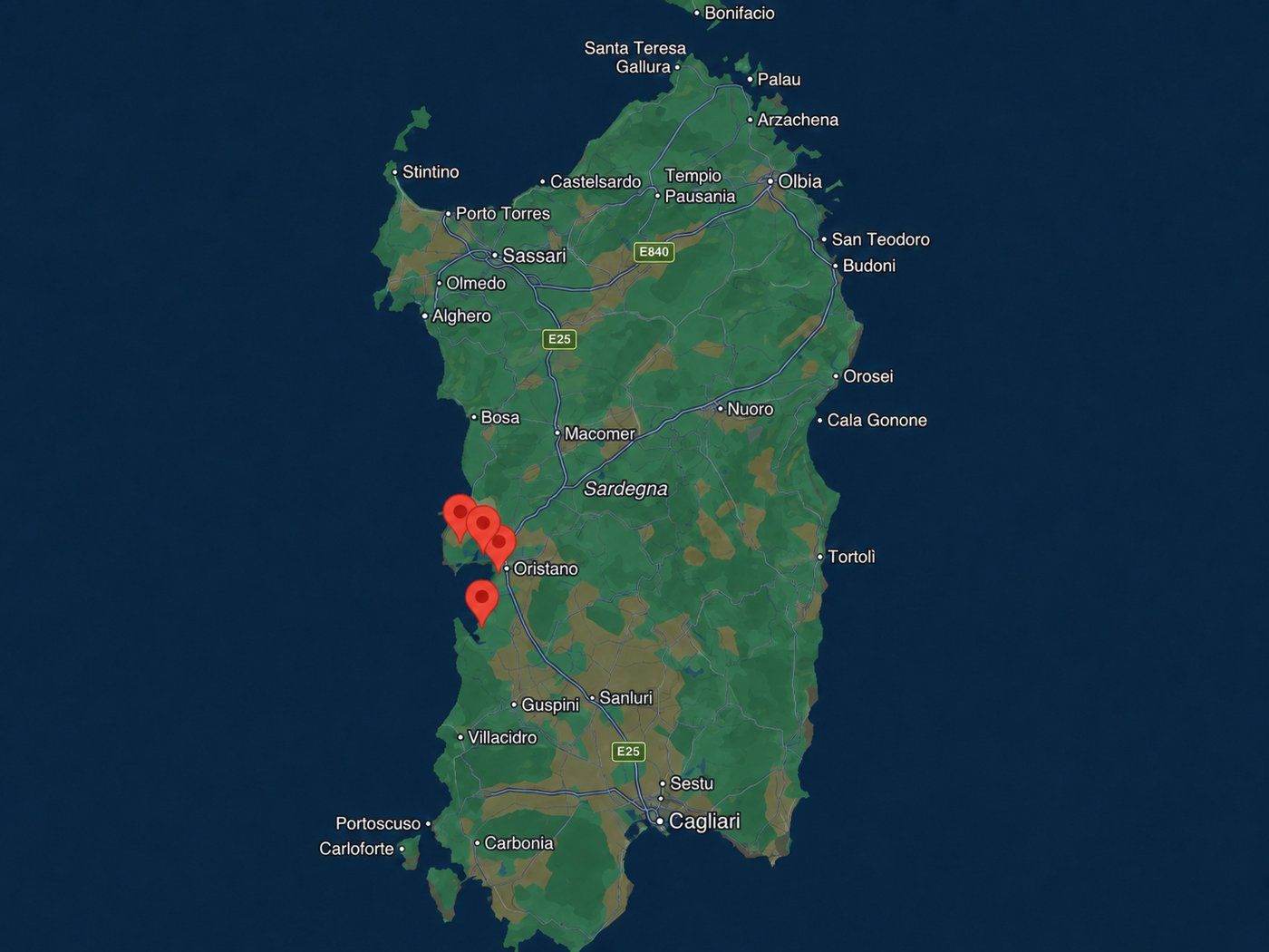 Mappa della Sardegna con i marketplace attualmente presenti
